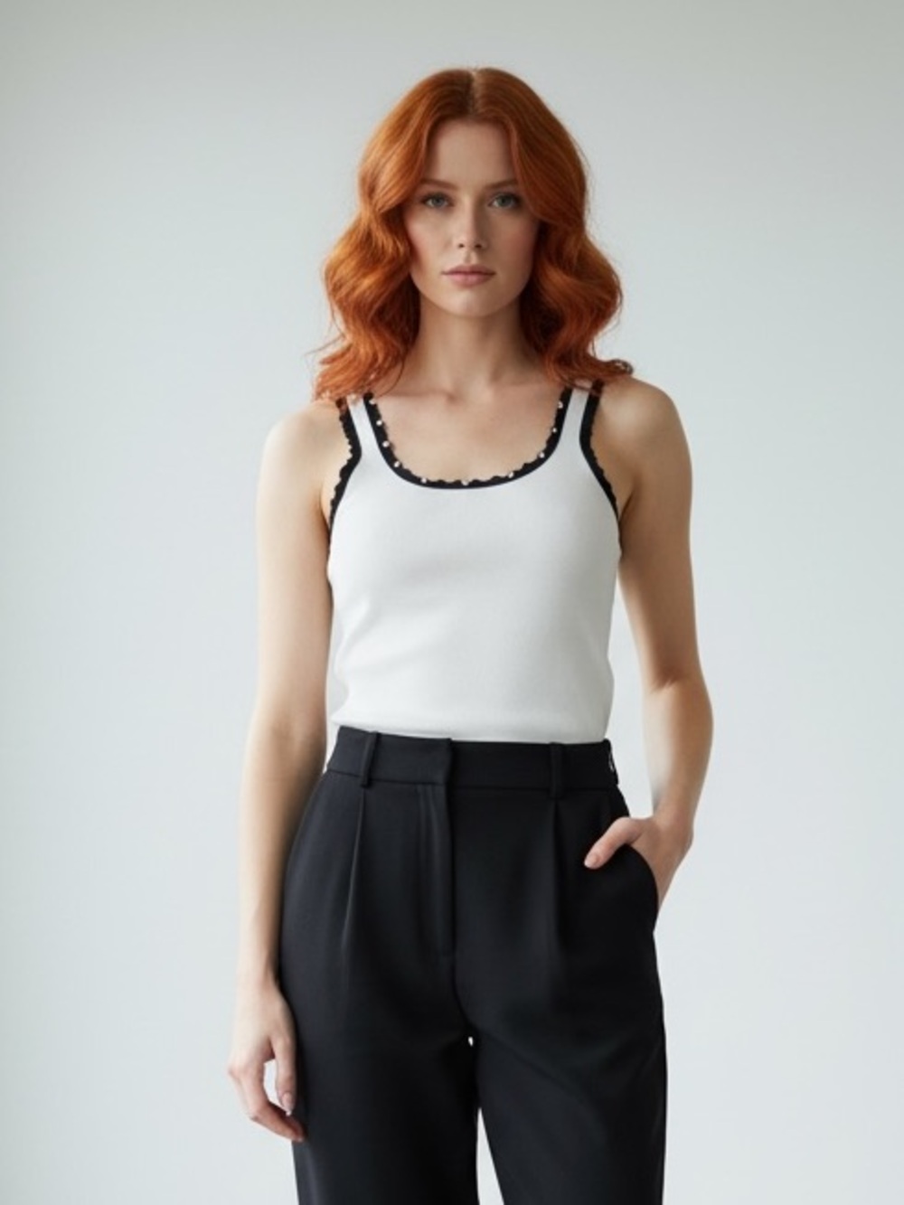 1314 • White/Black Rayon Blend Pearl Stud & Scallop Embellished Knit Tank Top